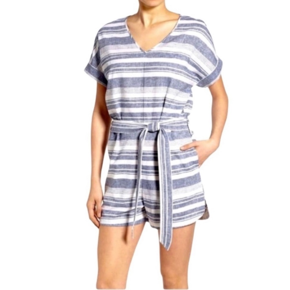 Madewell Linen Belted Striped Romper